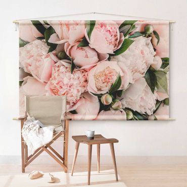 Arazzo da parete - Peonie rosa con foglie