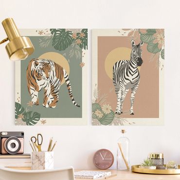 Stampa su tela 2 parti - Animali da safari - Zebra e tigre davanti al sole