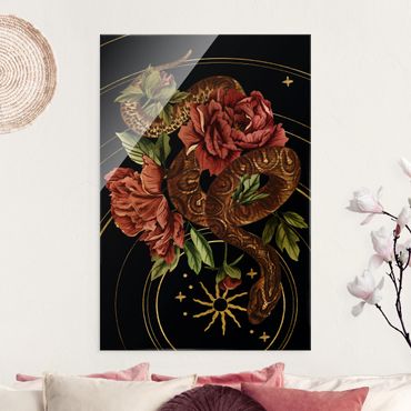 Quadro in vetro - Serpente con rose in nero e oro III - Formato verticale