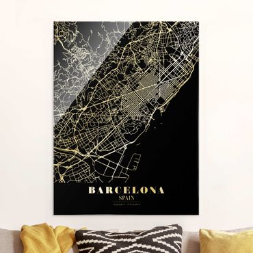 Quadro in vetro - Pianta della città Barcellona - Classico nero - Formato verticale