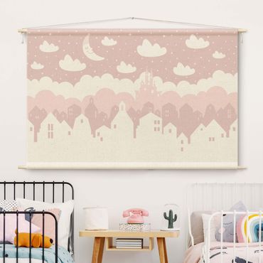Arazzo da parete - Cielo stellato con case e luna in rosa