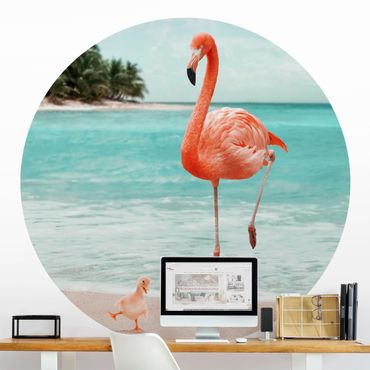 Carta da parati rotonda autoadesiva - Beach con Flamingo