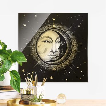 Quadro in vetro - Illustrazione vintage di sole e luna - Quadrato