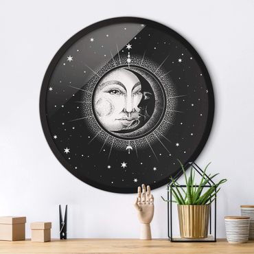 Quadro rotondo incorniciato - Illustrazione vintage di sole e luna