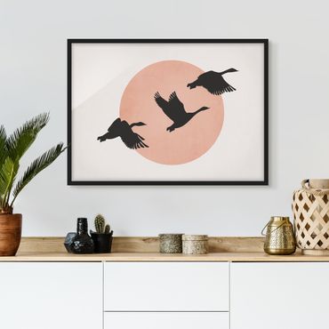 Poster con cornice - Uccelli davanti al sole rosa III