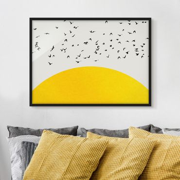 Poster con cornice - Stormo di uccelli davanti al sole dorato