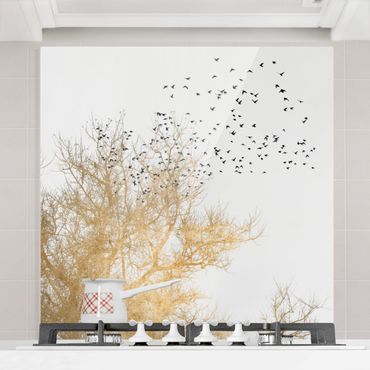 Paraschizzi in vetro - Stormo di uccelli davanti ad un albero dorato - Quadrato 1:1