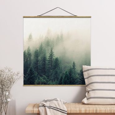 Foto su tessuto da parete con bastone - Foresta nebbiosa al risveglio - Quadrato 1:1