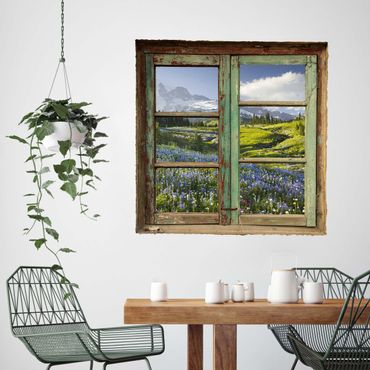 Adesivo murale 3D - Mountain Meadow With Flowers In Front Of Mt. Rainier - quadrata 1:1