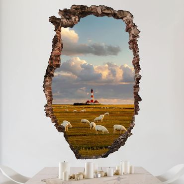 Adesivo murale 3D - North Sea Lighthouse With Sheep Herd - verticale 2:3