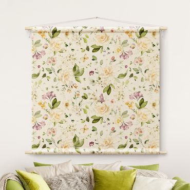 Arazzo da parete - Motivo di fiori di campo e rose bianche acquarello