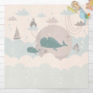 Tappetino di sughero - Nuvole con balena e castello - Quadrato 1:1