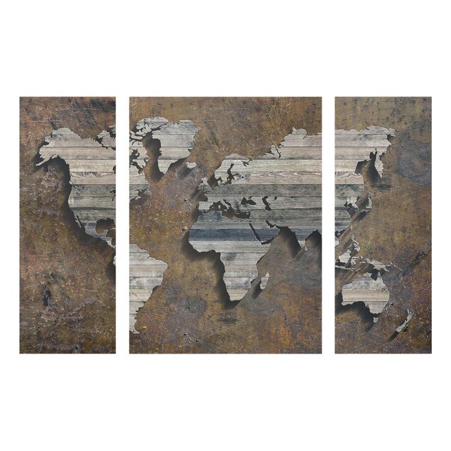 Quadri marroni Mappa del mondo con griglia di legno