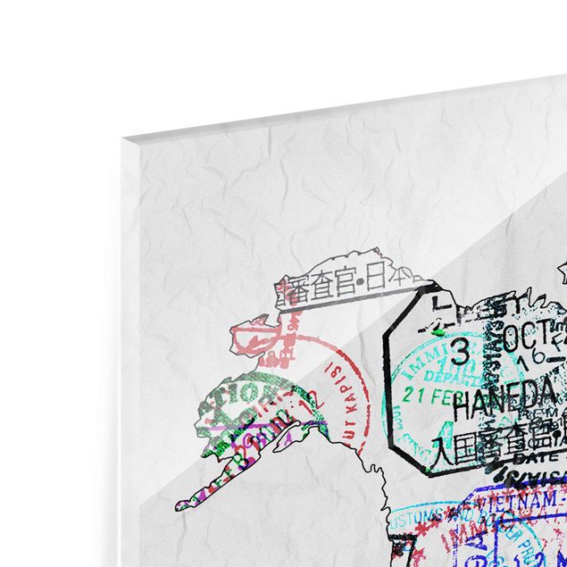 Quadro in vetro - Passport stamp world map - 3 parti