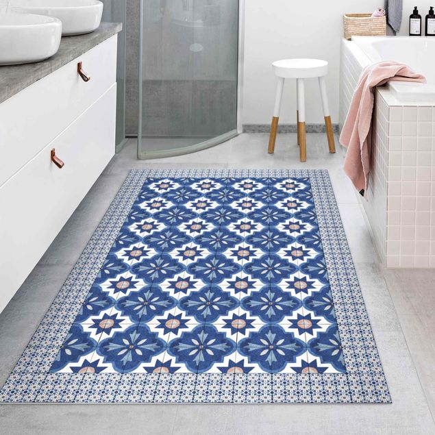 tappeto design moderno Piastrelle marocchine acquerello blu con cornice di piastrelle