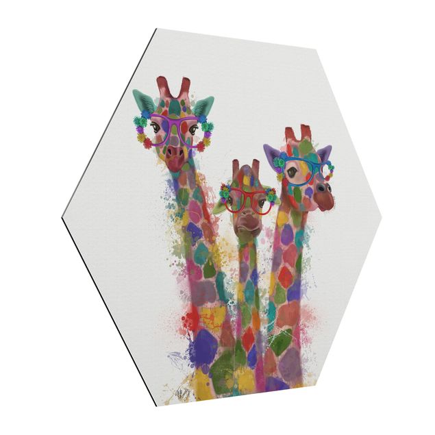 Quadro animali Trio di giraffe con schizzi arcobaleno