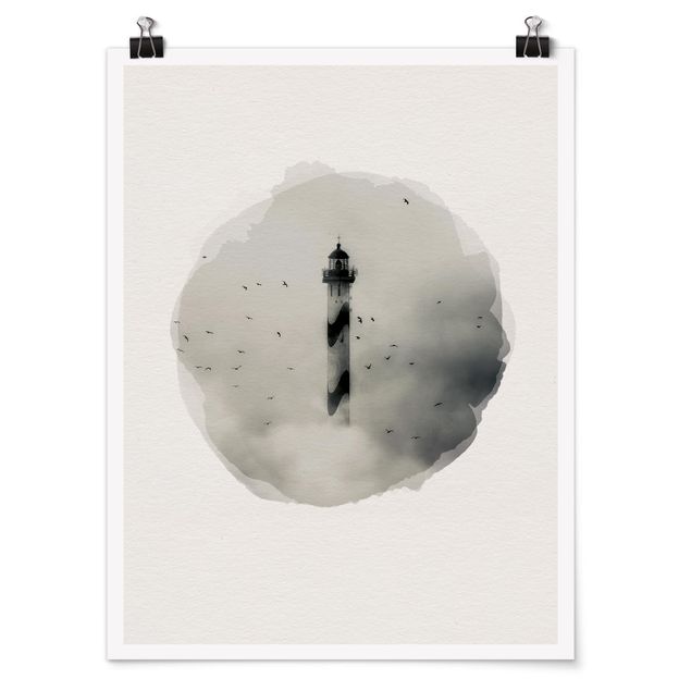 Poster spiaggia mare Acquerelli - Faro nella nebbia