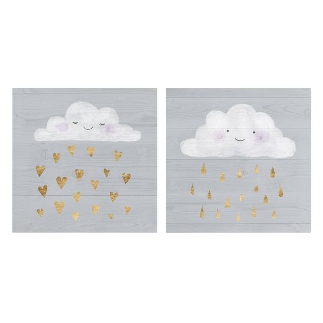 Stampe Nuvole con cuore e gocce d'oro Set I