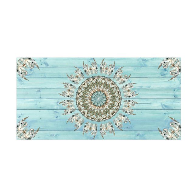tappeto bagno turchese Mandala acquerello piume blu verde tavole di legno