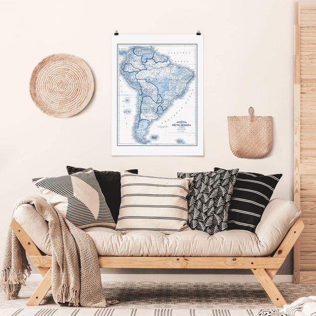 Poster mappamondo Mappa in toni blu - Sud America