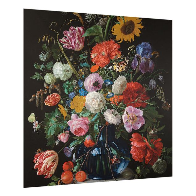 Paraschizzi con fiori Jan Davidsz de Heem - Tulipani, un girasole, un'iris e altri fiori in un vaso di vetro sulla base di marmo di una colonna