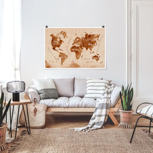 Quadro planisfero Mappa del mondo Acquerello Beige Marrone