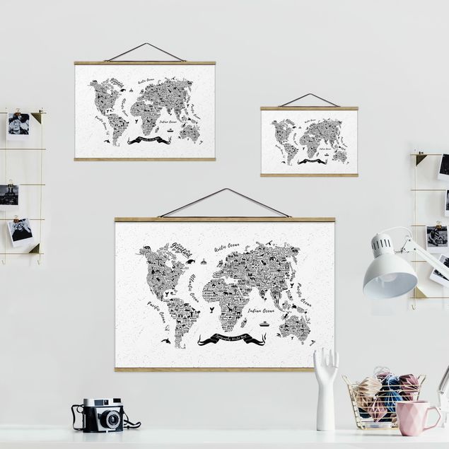 Foto su tessuto da parete con bastone - Tipografia Bianco mappa del mondo - Orizzontale 2:3