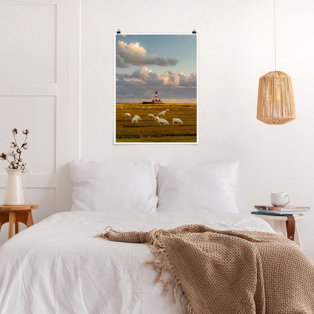 Poster spiaggia Faro sul Mare del Nord con gregge di pecore