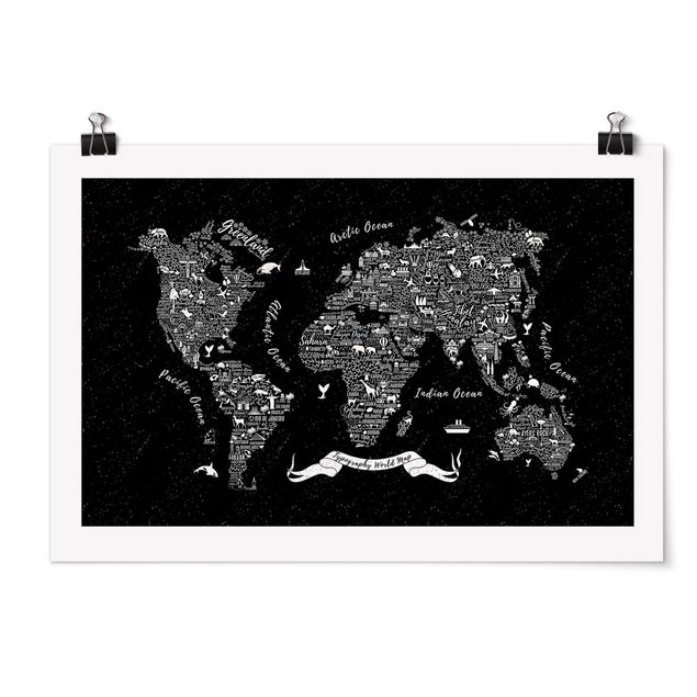 Quadro nero Tipografia - Mappa del mondo nero
