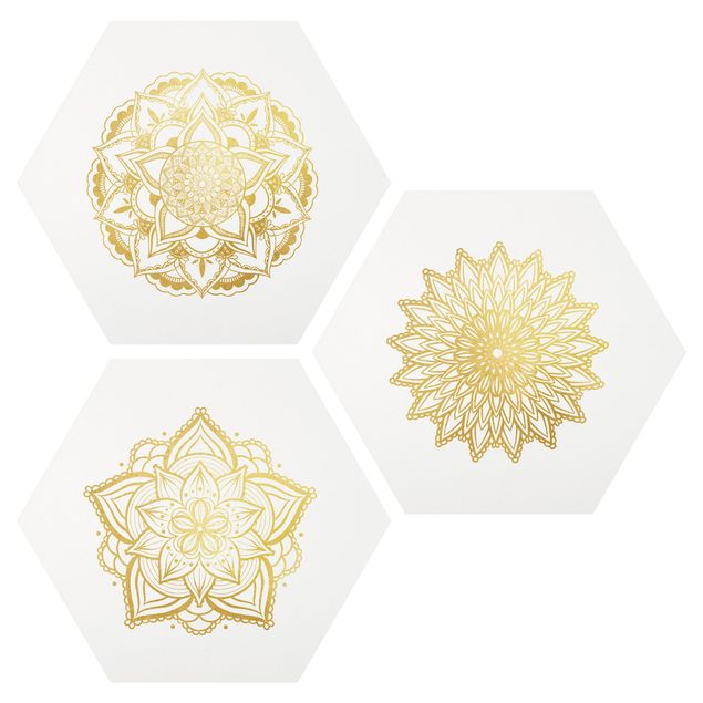 Esagono in Alluminio Dibond - Mandala Fiore Sun illustrazione imposta gold