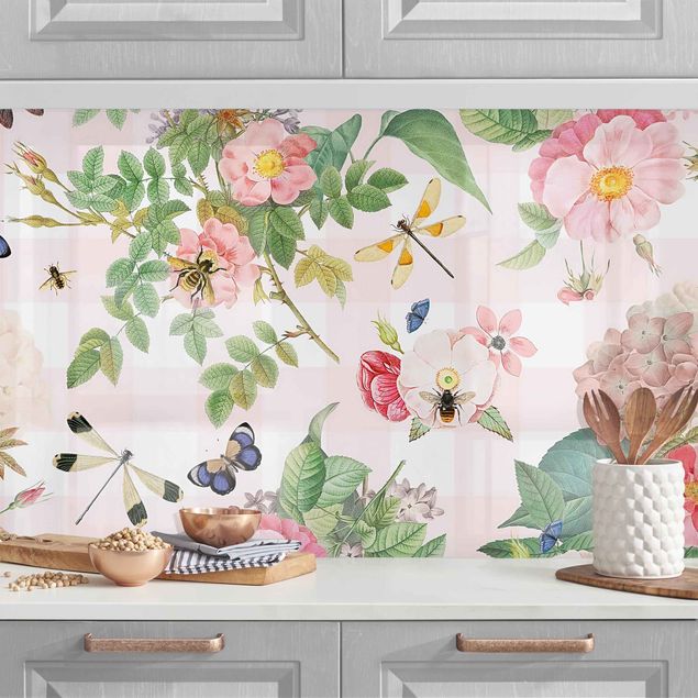 Rivestimento cucina con disegni Farfalle con rose rosa