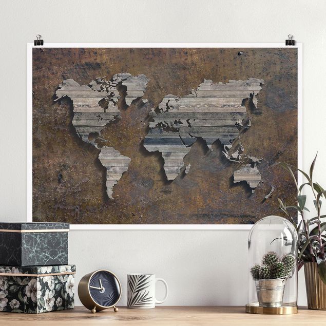 Quadro moderno Mappa del mondo con griglia di legno