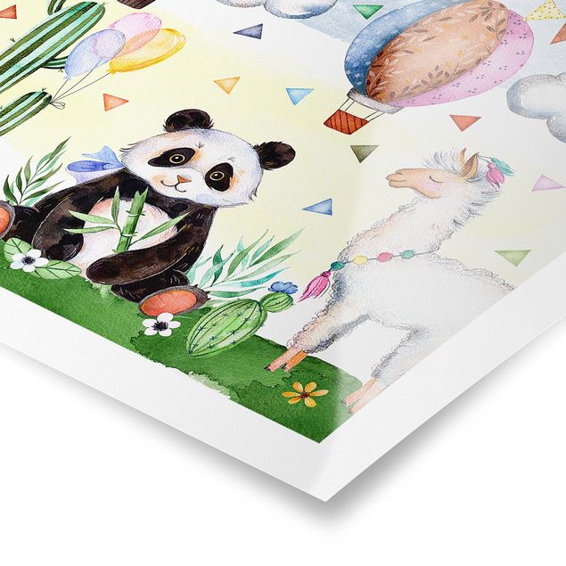 Poster animali Panda e lama acquerello