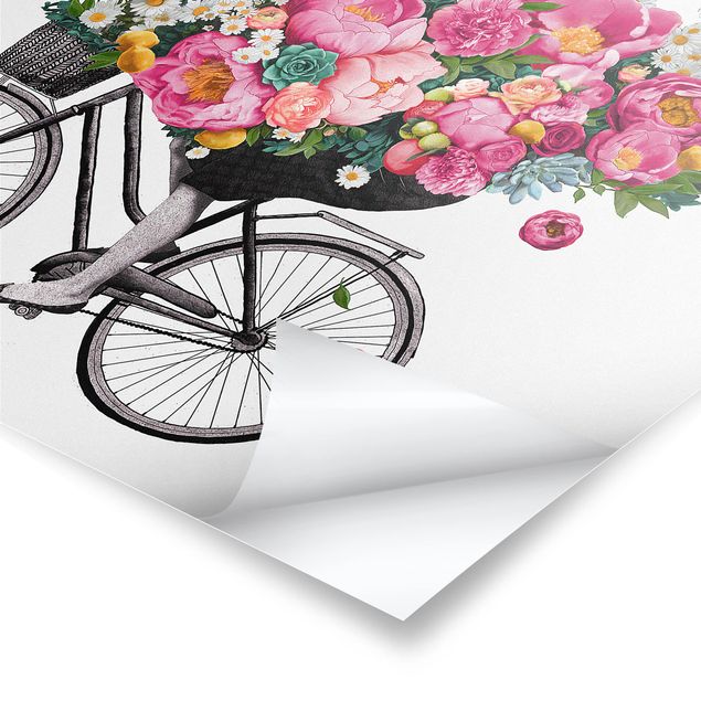 Poster Illustrazione - Donna in bicicletta - Collage di fiori colorati