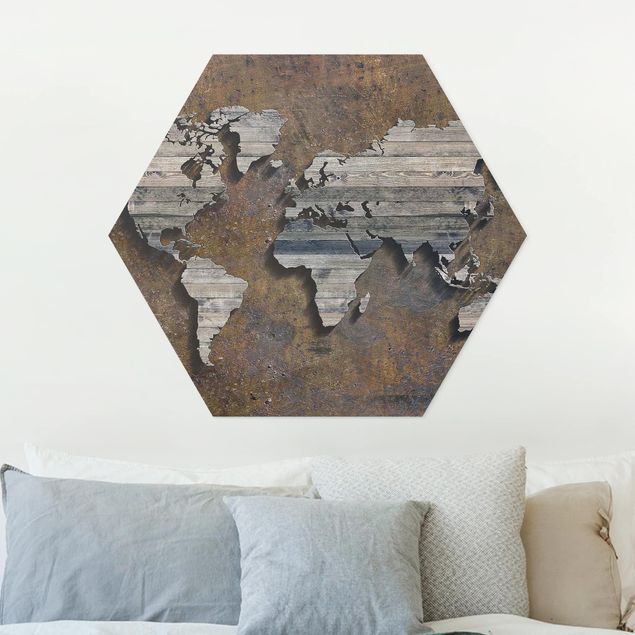 Quadro moderno Mappa del mondo con griglia di legno
