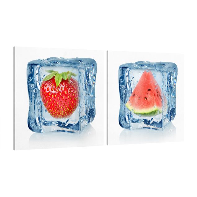 Quadri frutta Fragola e melone nel cubetto di ghiaccio