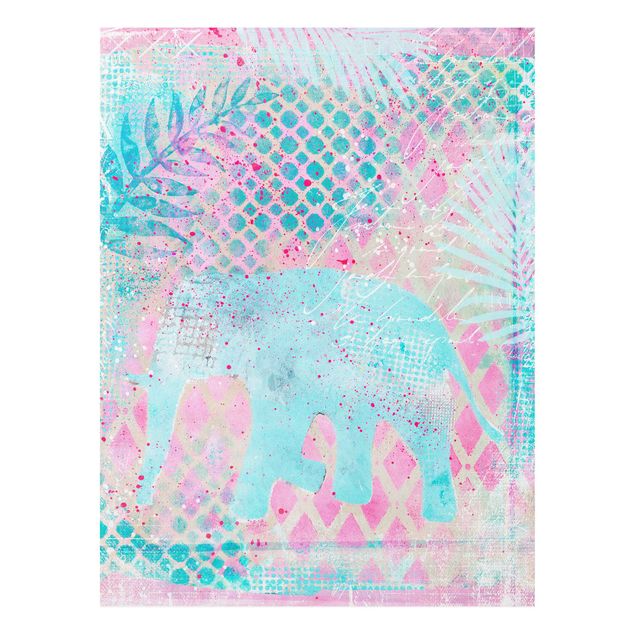 Quadro con elefante Collage colorato - Elefante in blu e rosa