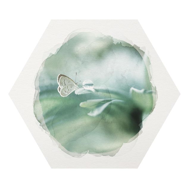 Quadro verde Acquerelli - Farfalla e gocce di rugiada in verde pastello