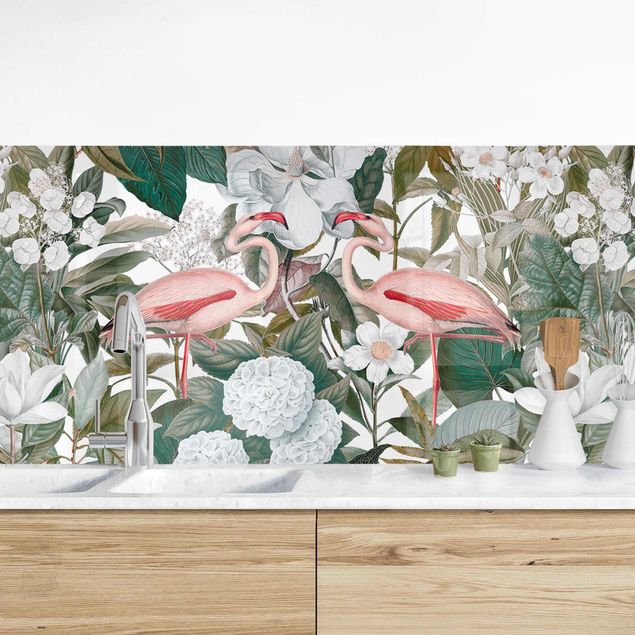 Stampe quadri famosi Fenicotteri rosa con foglie e fiori bianchi
