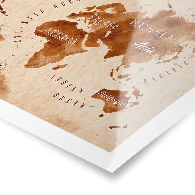 Stampe poster Mappa del mondo Acquerello Beige Marrone