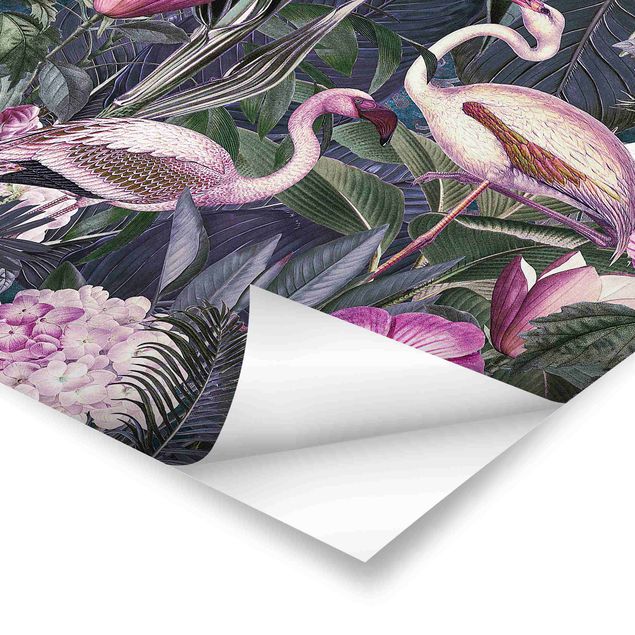 Stampe poster Collage colorato - Fenicotteri rosa nella giungla