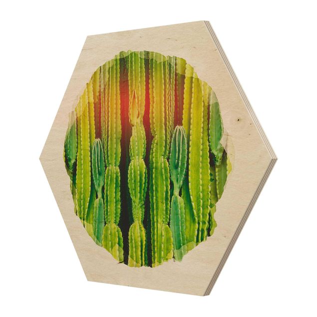 Esagono in legno - Acquarelli - Cactus a muro