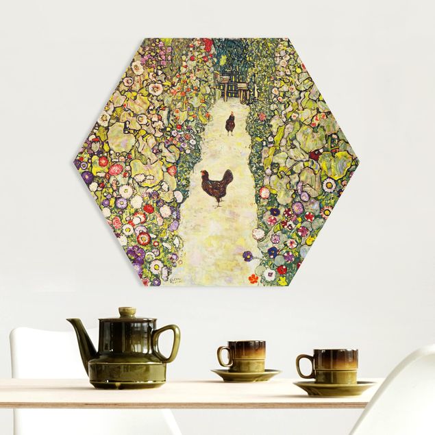 Stile di pittura Gustav Klimt - Sentiero del giardino con galline