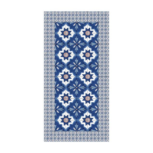 tappeti blu Piastrelle marocchine acquerello blu con cornice di piastrelle