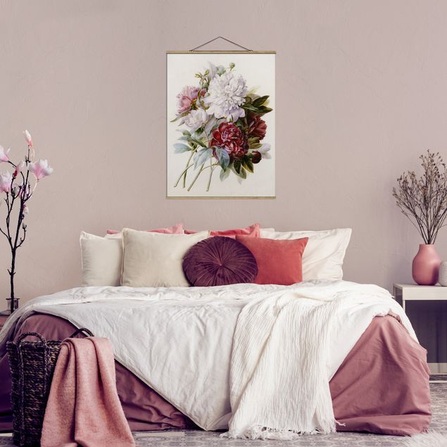 Stile artistico Pierre Joseph Redoute - Bouquet di peonie rosse, viola e bianche