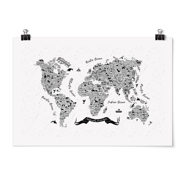 Poster bianco e nero Mappa del mondo - tipografica bianca