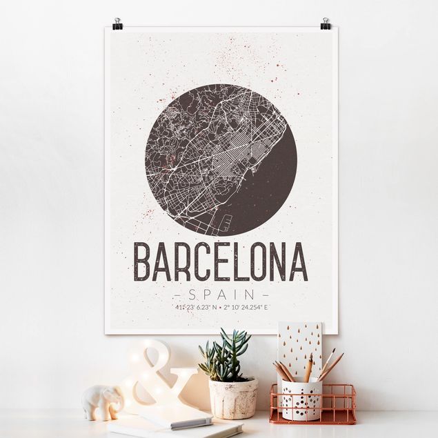 Quadro moderno Mappa della città di Barcellona - Retrò