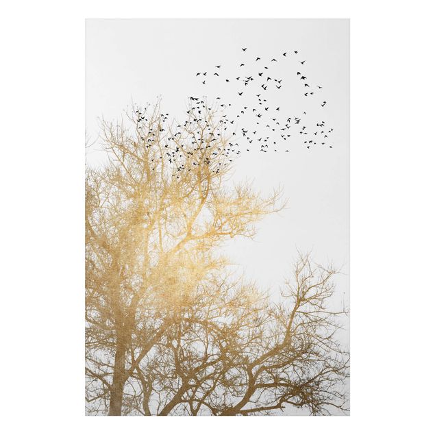 Quadri alberi Stormo di uccelli davanti all'albero d'oro