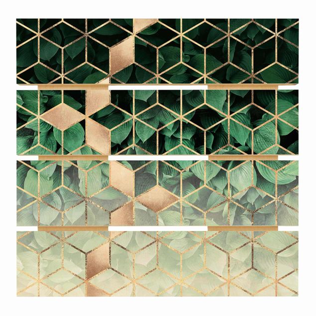 Stampe su legno Foglie verdi Geometria dorata