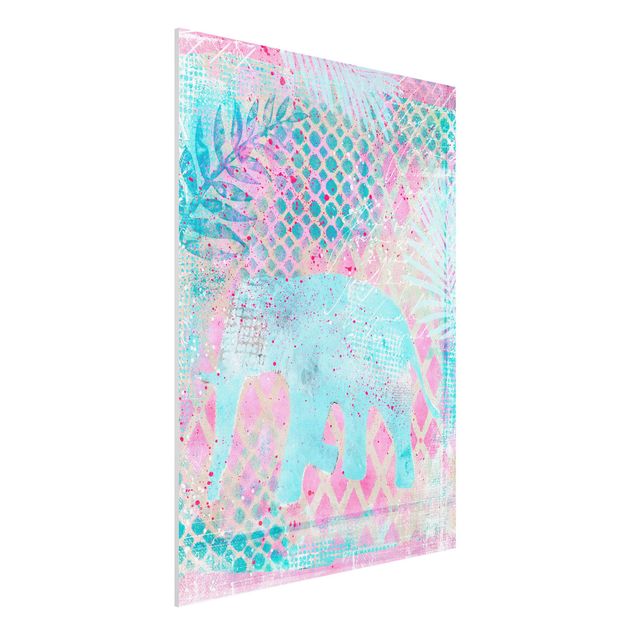 Quadri paesaggistici Collage colorato - Elefante in blu e rosa